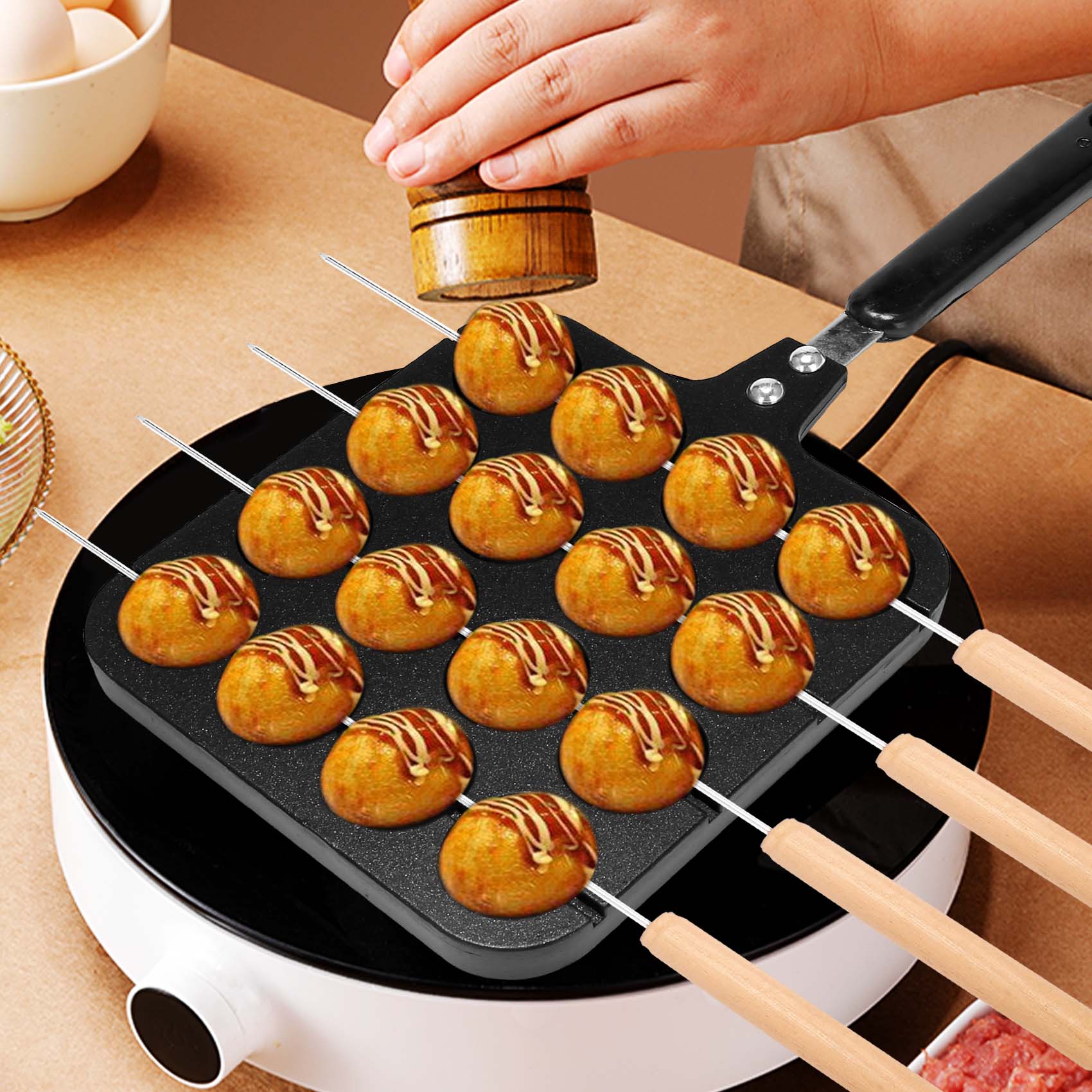 Takoyaki Grill Plate - 16-Loch-Aluminium-Takoyaki-Grillpfanne, Oktopusbällchen-Platte, Backform für Zuhause, Backwerkzeug